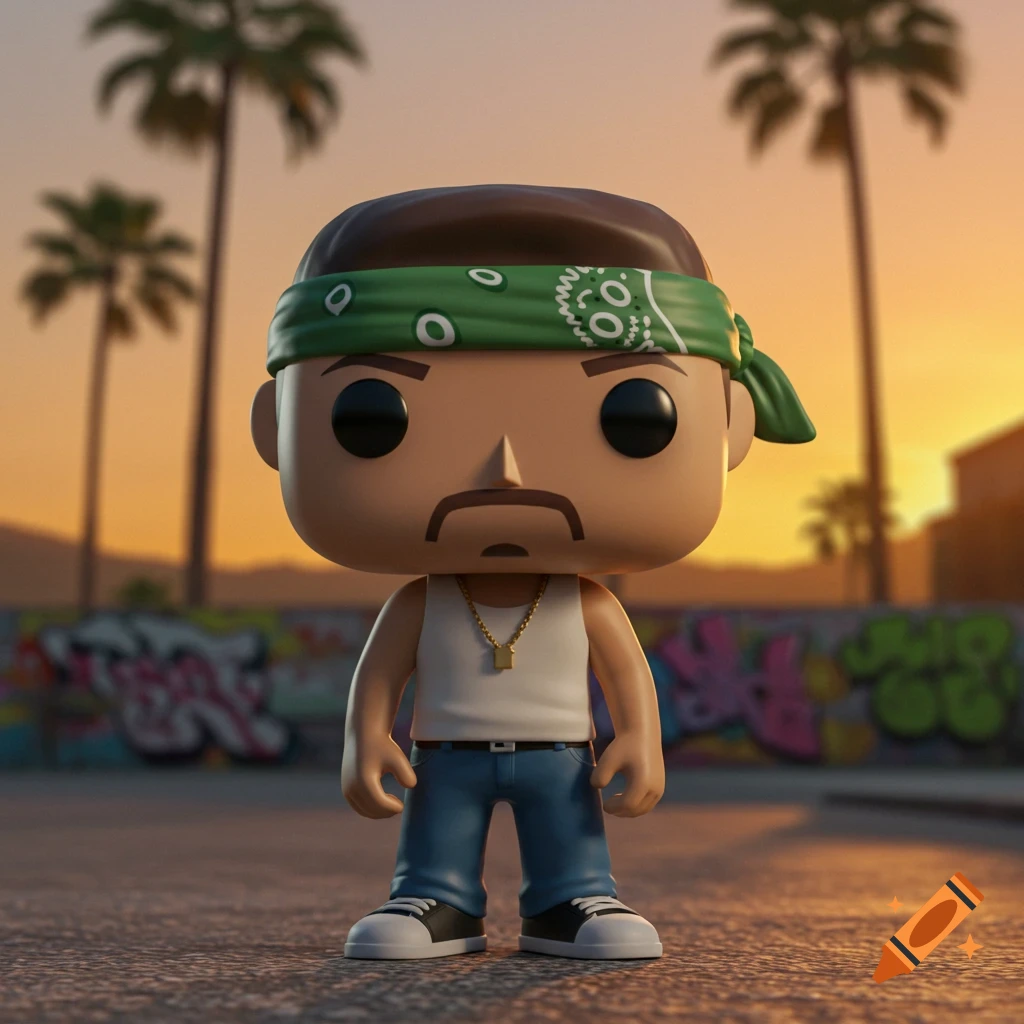 A stylized Funko Pop figure resembling CJ from Grand Theft Auto, wearing a green bandana, white tank top, and jeans. Outdoors at sunset with palm trees and graffiti.