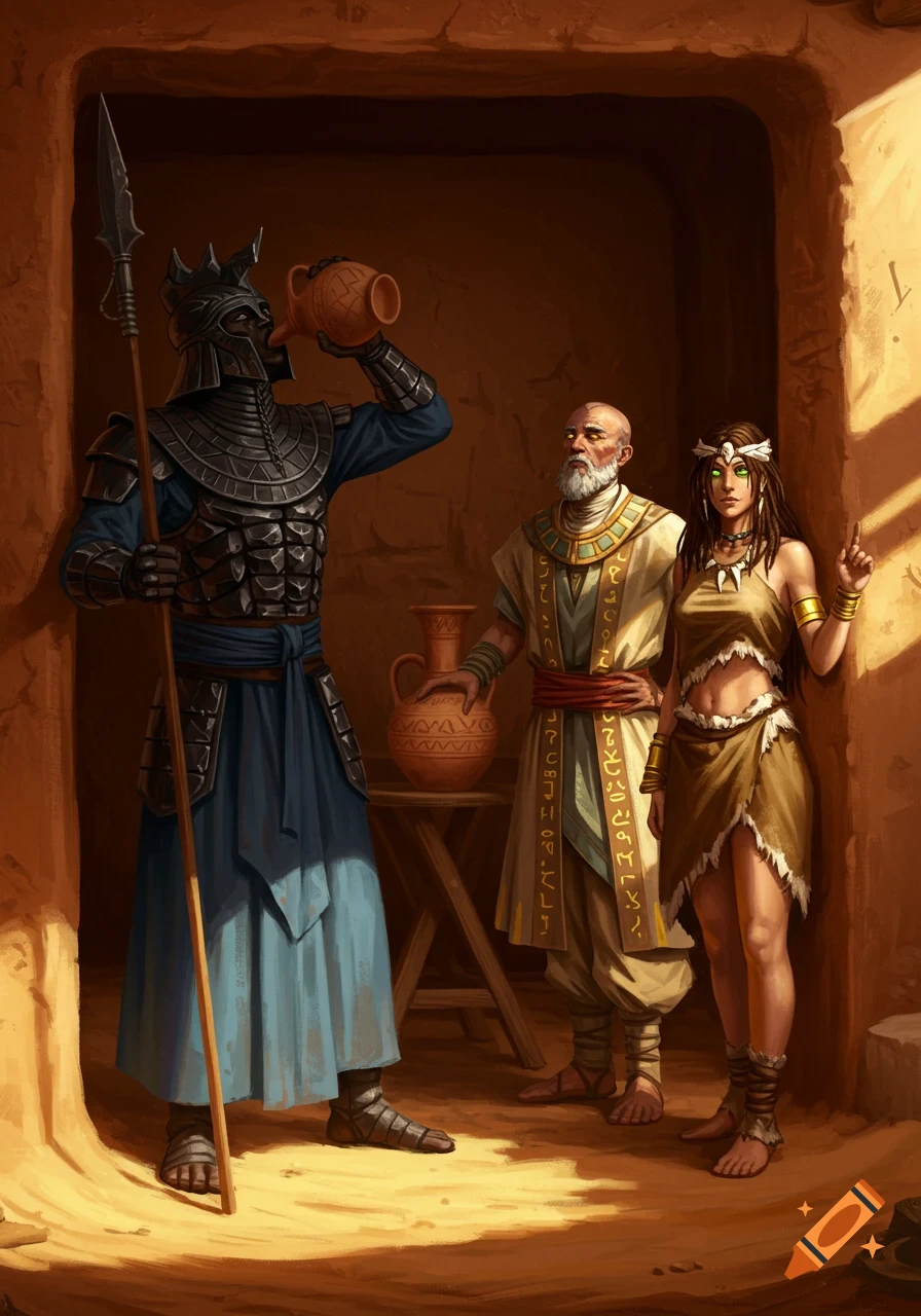 A heavily armored guard drinks from a jug next to an old mage in robes with symbols and a woman in a skimpy outfit inside a desert house.