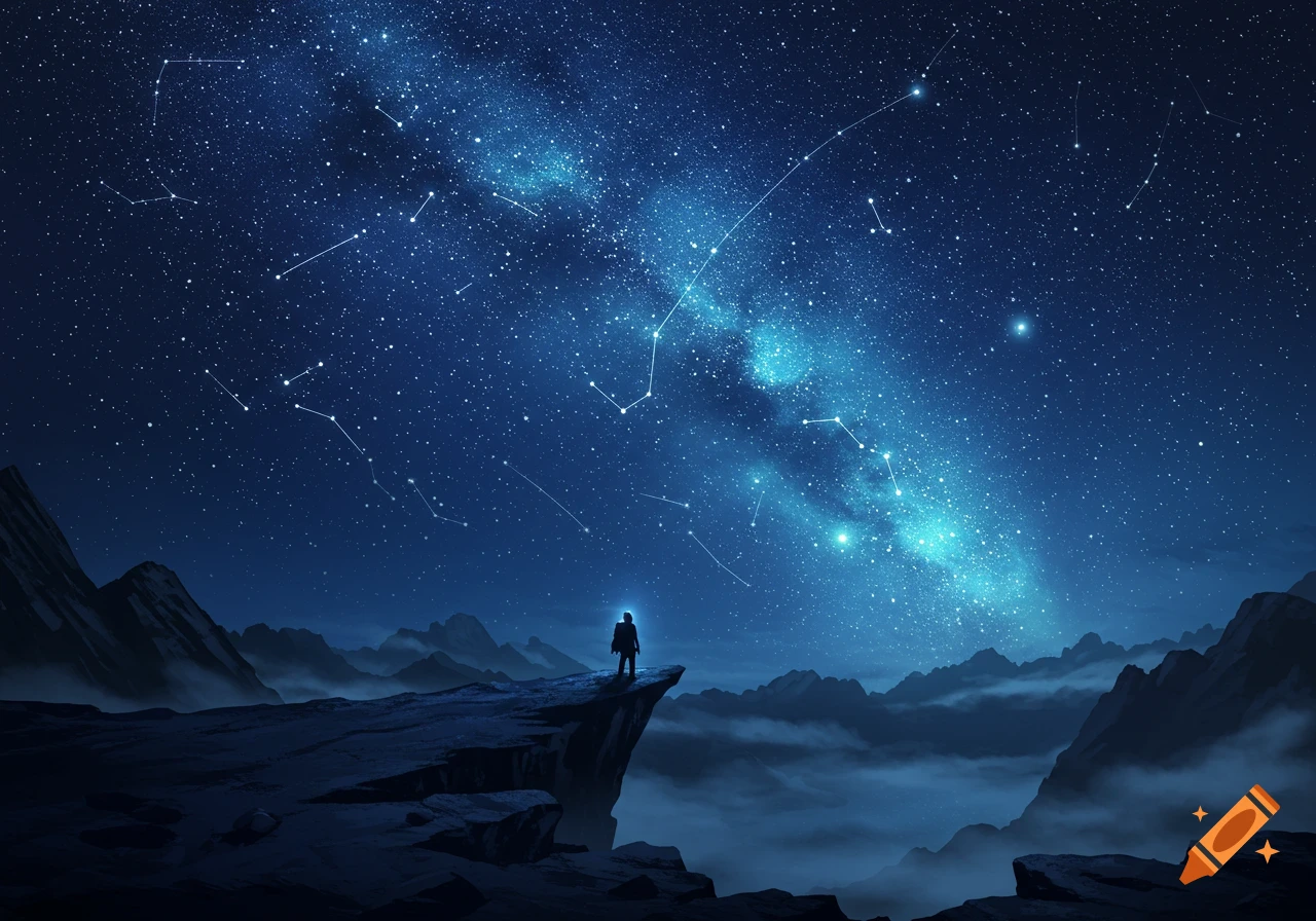 Lone figure on a cliff under a brilliant starry night sky with constellations and milky way, overlooking misty mountains.