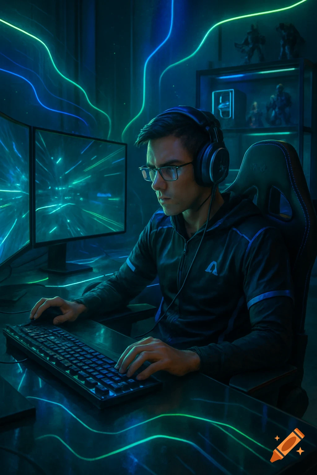 A focused male gamer wearing headphones and glasses, playing in a dark room illuminated by blue and green neon lights from his dual monitors and desk, showing a futuristic aesthetic.