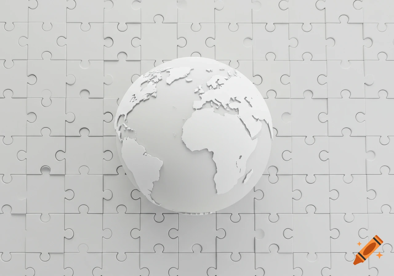 Minimalist 3D rendering of a white globe with continent outlines resting on a white puzzle piece background.