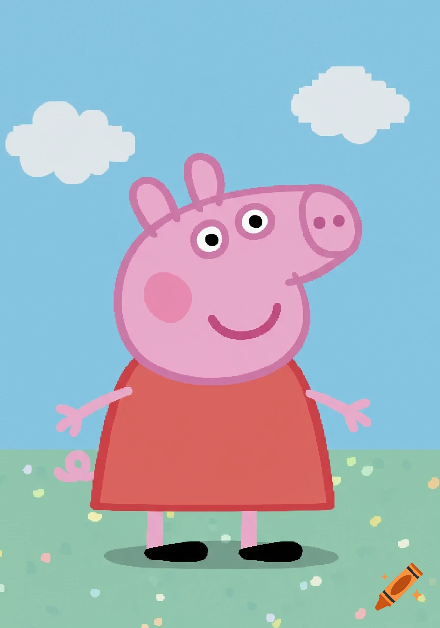 Peppa Pig in pixel art style, standing on a green field under a blue sky with pixelated white clouds.
