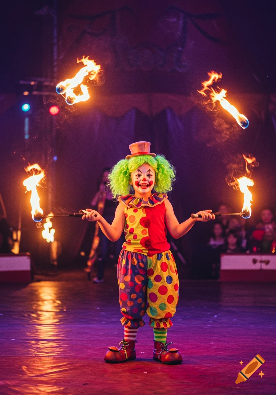 A photorealistic image of a short female clown in a colorful costume juggling three flaming balls on a dark stage.