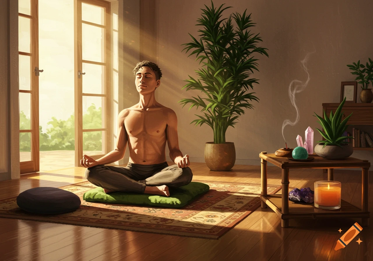 Man meditating in a sunlit room with plants, crystals, and a candle in an illustrated style.