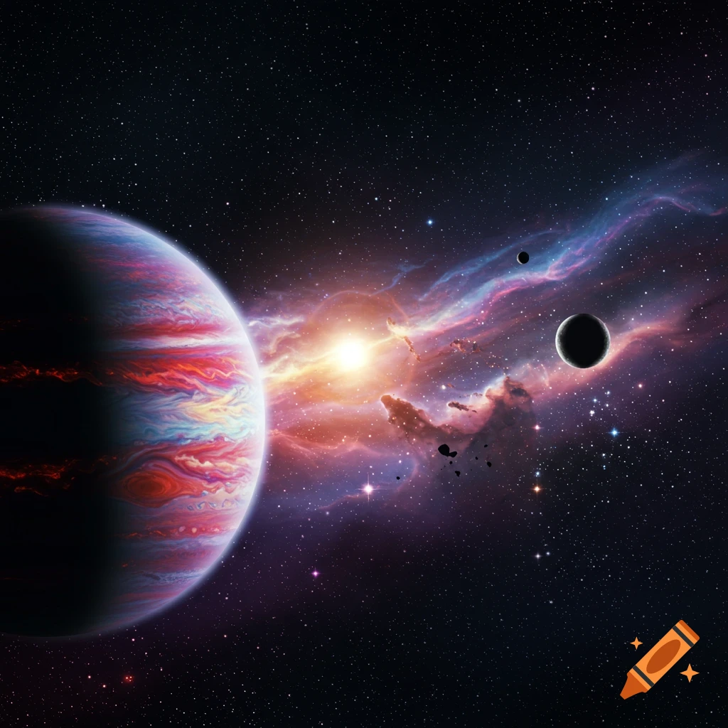 A vibrant, colorful planet with swirling patterns next to a bright nebula, surrounded by smaller celestial bodies and stars in deep space.