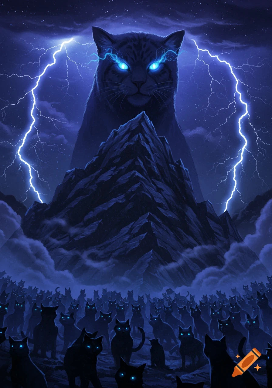 Dramatic digital art of a giant black cat with glowing blue eyes looming over a mountain and an army of smaller cats under a stormy, lightning-filled night sky.