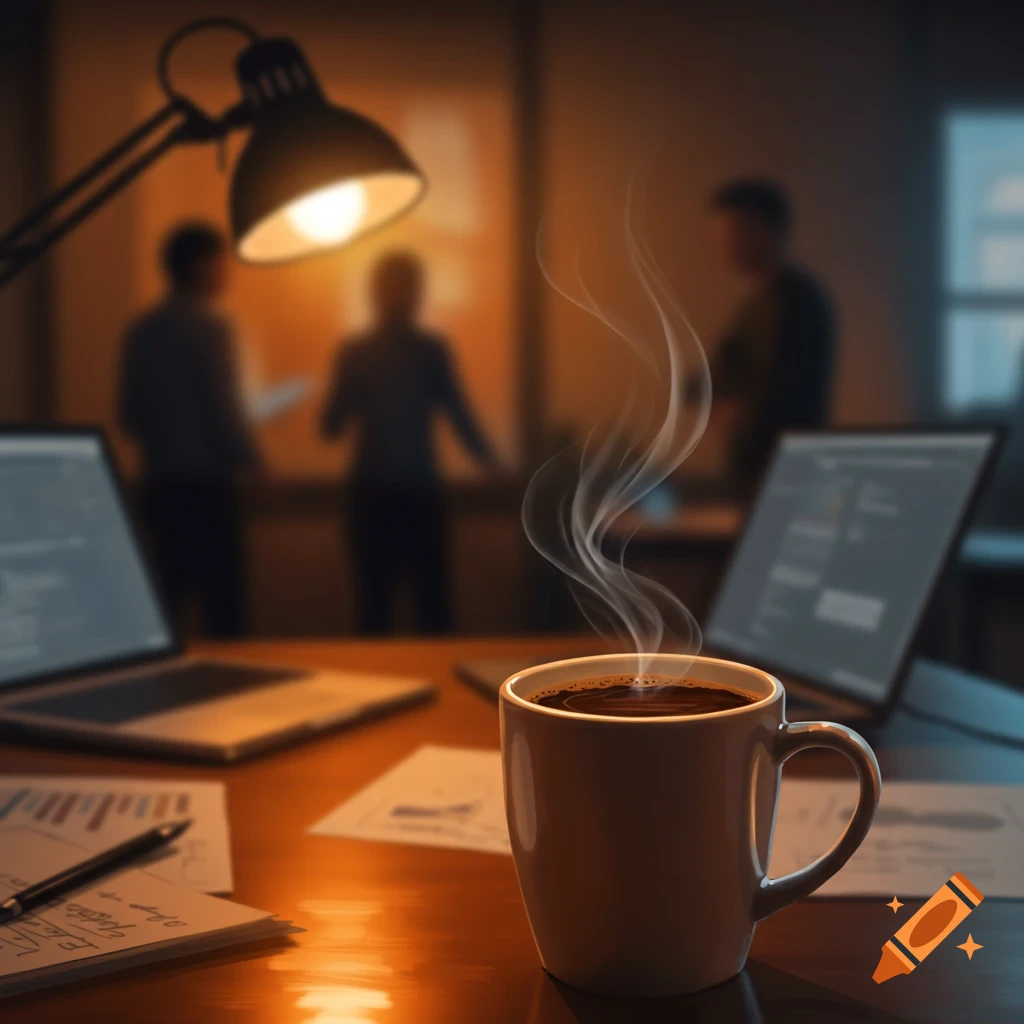 Steaming coffee cup on a brightly lit desk with laptops, papers, a pen, and blurred figures in the background.