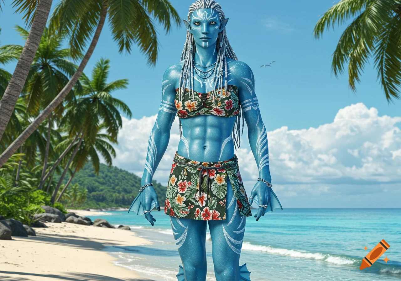 A hyperrealistic blue-skinned humanoid in a Hawaiian crop top and skirt stands on a tropical beach.