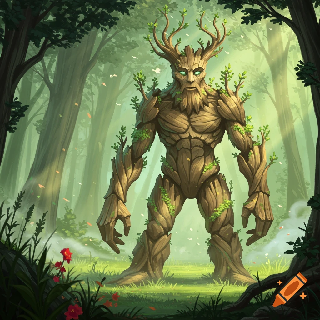 A muscular treant with glowing green eyes and leafy antlers stands in a misty, sunlit fantasy forest illustration.