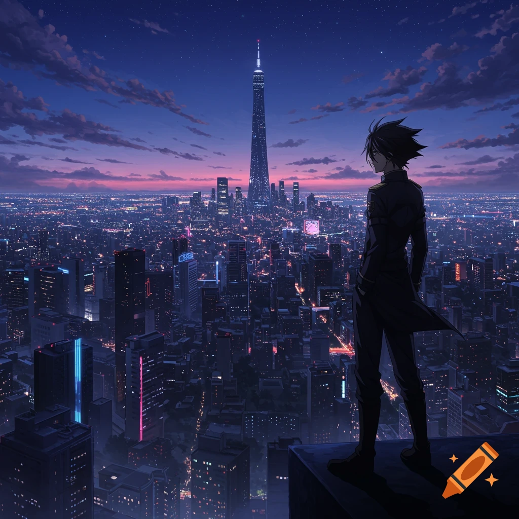 Anime man on a rooftop gazes at a futuristic cityscape with a towering skyscraper at twilight.