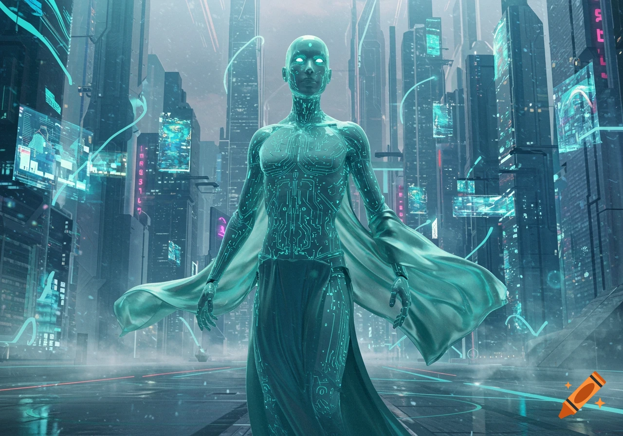 A glowing, circuit-patterned humanoid figure stands in a futuristic cyberpunk city with holographic displays, digital art.