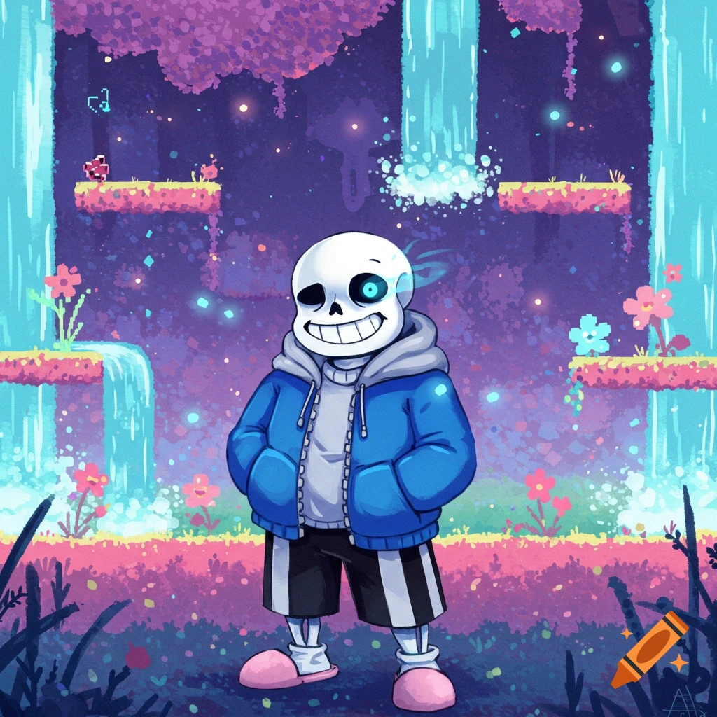 Sans from Undertale stands smiling in a vibrant, magical cave with waterfalls and glowing plants. Digital illustration.