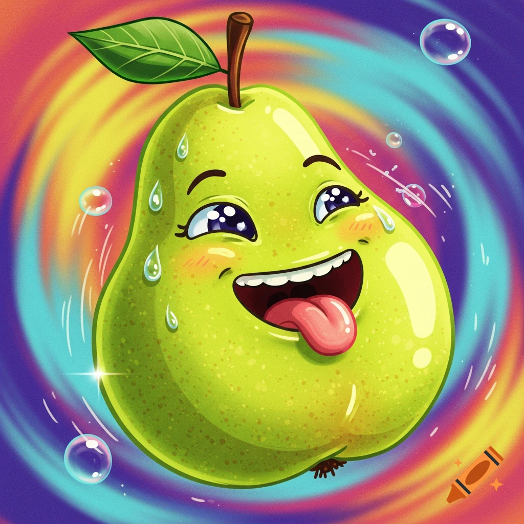 A vibrant, cartoonish green pear with big eyes, open mouth, tongue out, and sweat drops, against a colorful swirling background.