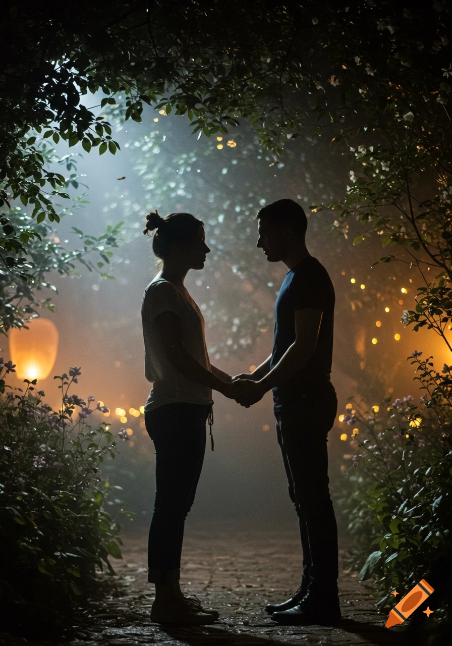 Silhouetted couple holding hands in a misty, illuminated enchanted garden at night.