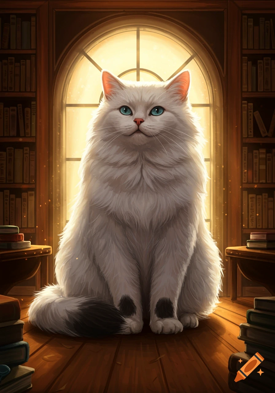 A large fluffy white cat with black paws and blue eyes sits in a cozy library in front of a sunlit arched window.