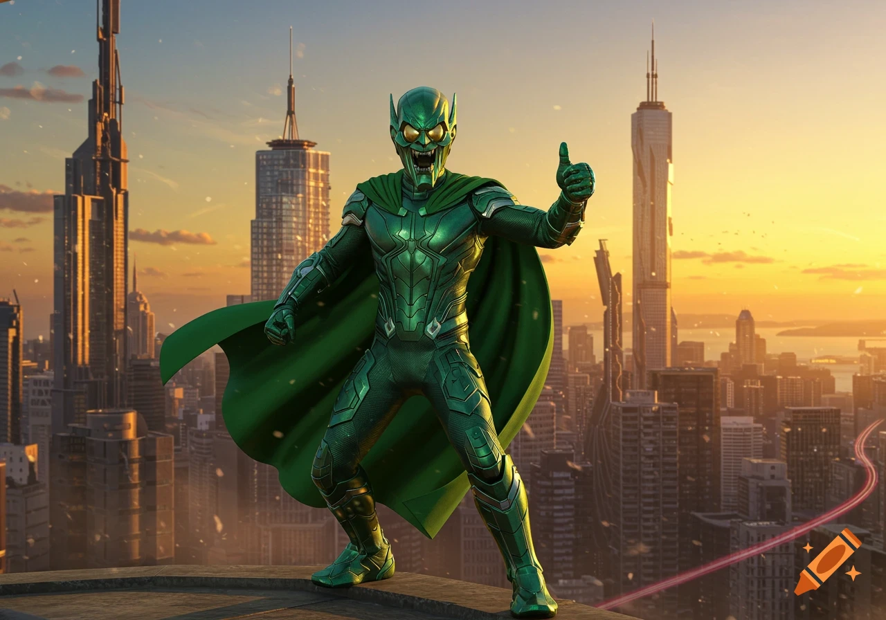 The Green Goblin in a green armored suit and cape stands on a rooftop overlooking a city skyline at sunset, giving a thumbs up.