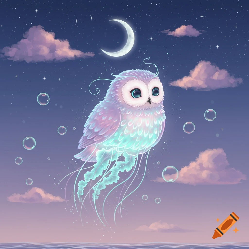 A whimsical, glowing owl with jellyfish tentacles floats in a starry night sky above an ocean, with a crescent moon and clouds.