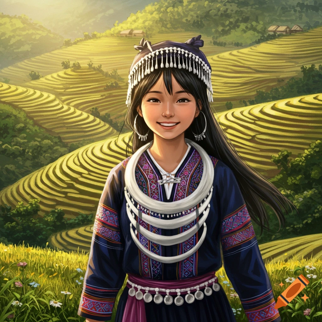 A smiling Hmong girl in traditional attire and decorative jewelry stands before sunlit terraced fields in an illustrative style.