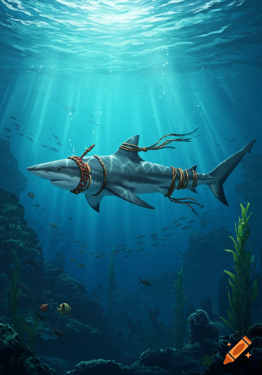 An elaborately adorned shark with ropes and tribal jewelry swims in a sunlit underwater coral reef, surrounded by small fish, in an illustrative style.