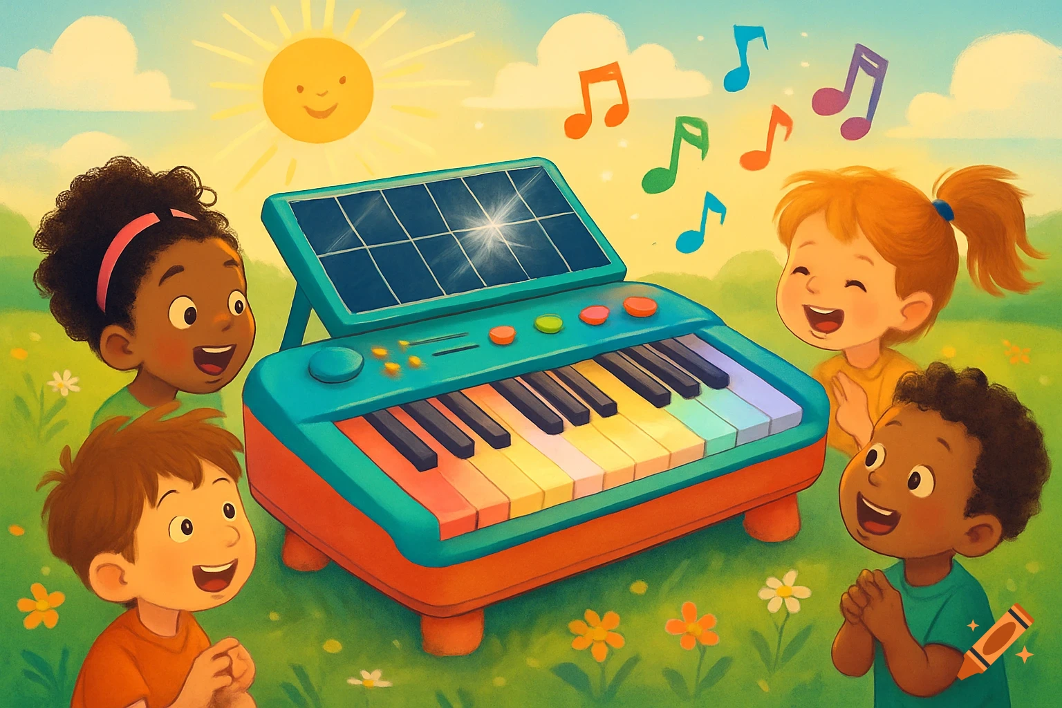 Four happy children surround a colorful, solar-powered keyboard piano in a sunny field with musical notes, illustration.