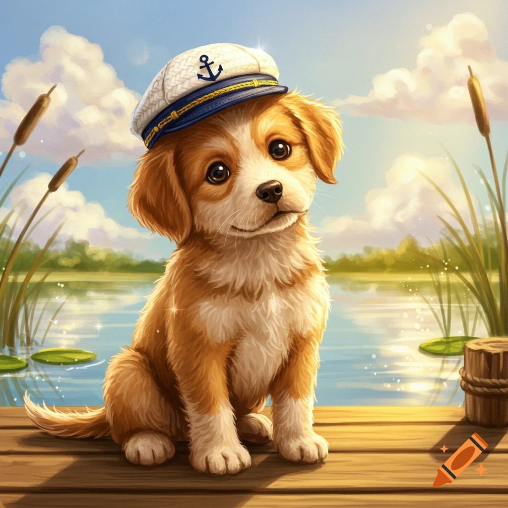 Cute brown and white puppy in a captain's hat sits on a wooden dock by a sunny lake, illustrative style.