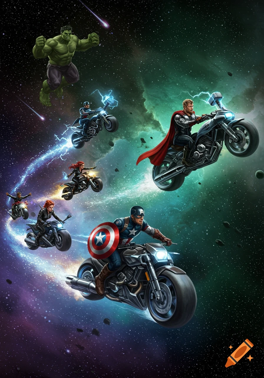 Hulk, Thor, Captain America, and other Avengers ride futuristic motorcycles through vibrant space in a comic illustration.