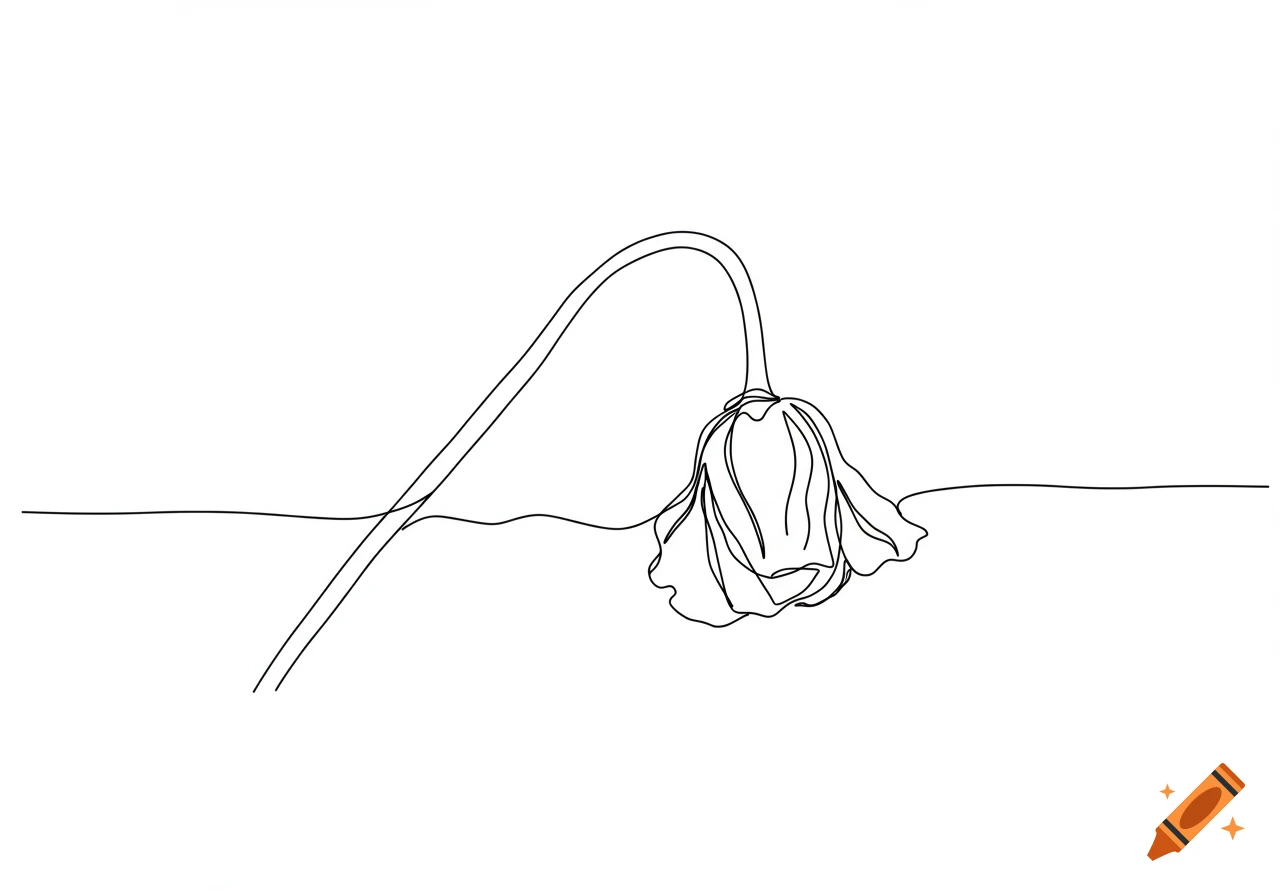 A simplistic continuous line drawing of a drooping poppy head on a white background.