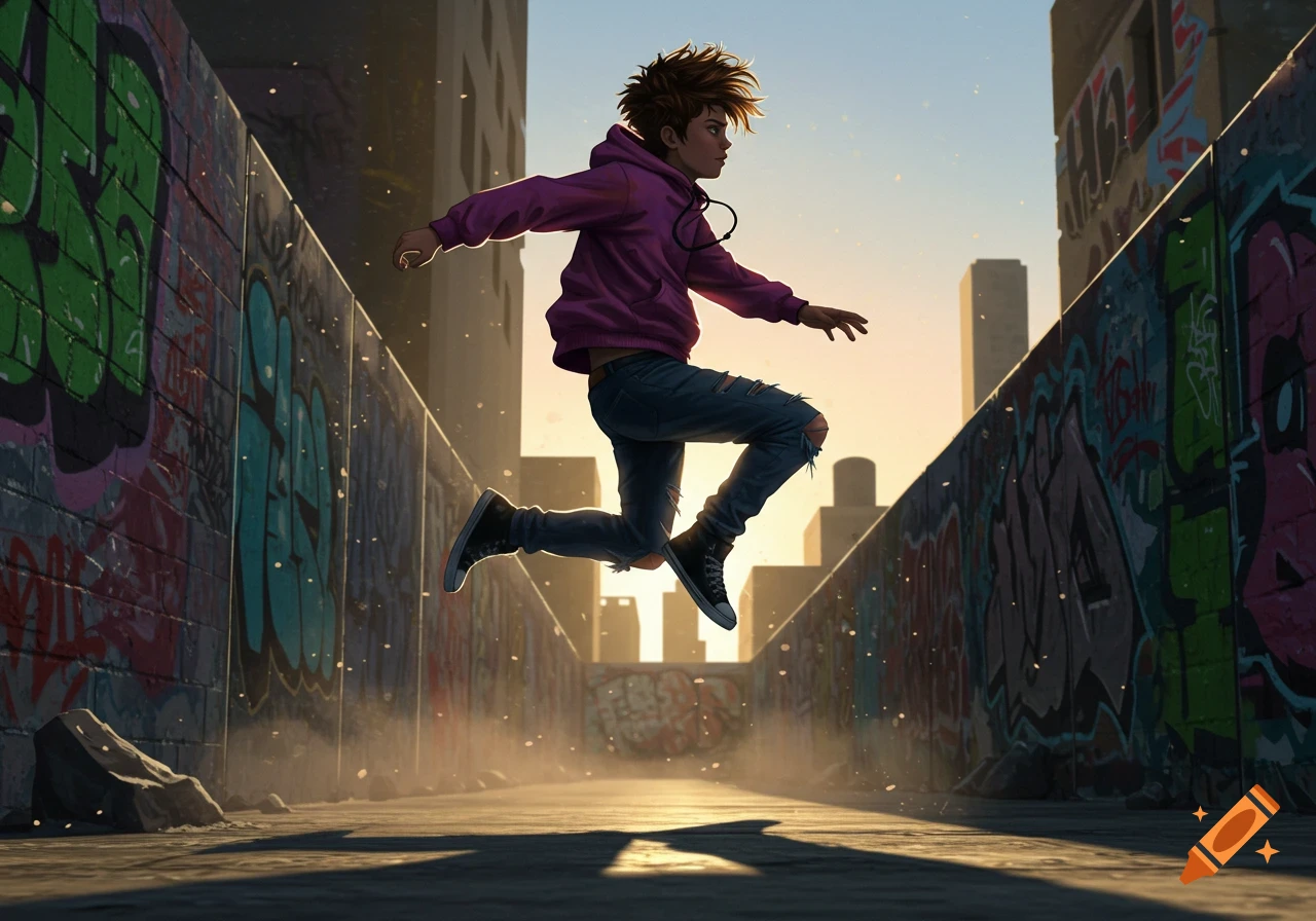 A young person in a hoodie and ripped jeans jumps in a graffiti-covered alley, dust rising around them at sunset.