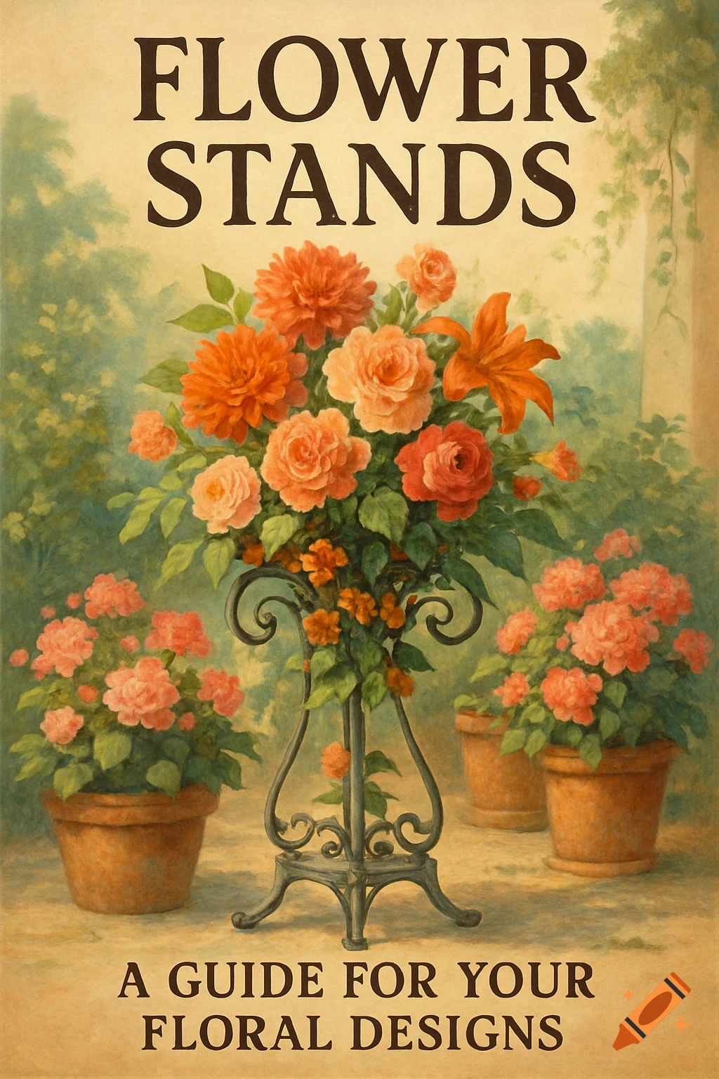 A vintage painting of a flower stand with a large bouquet of orange and peach flowers, surrounded by potted flowers. Text reads "FLOWER STANDS A GUIDE FOR YOUR FLORAL DESIGNS".