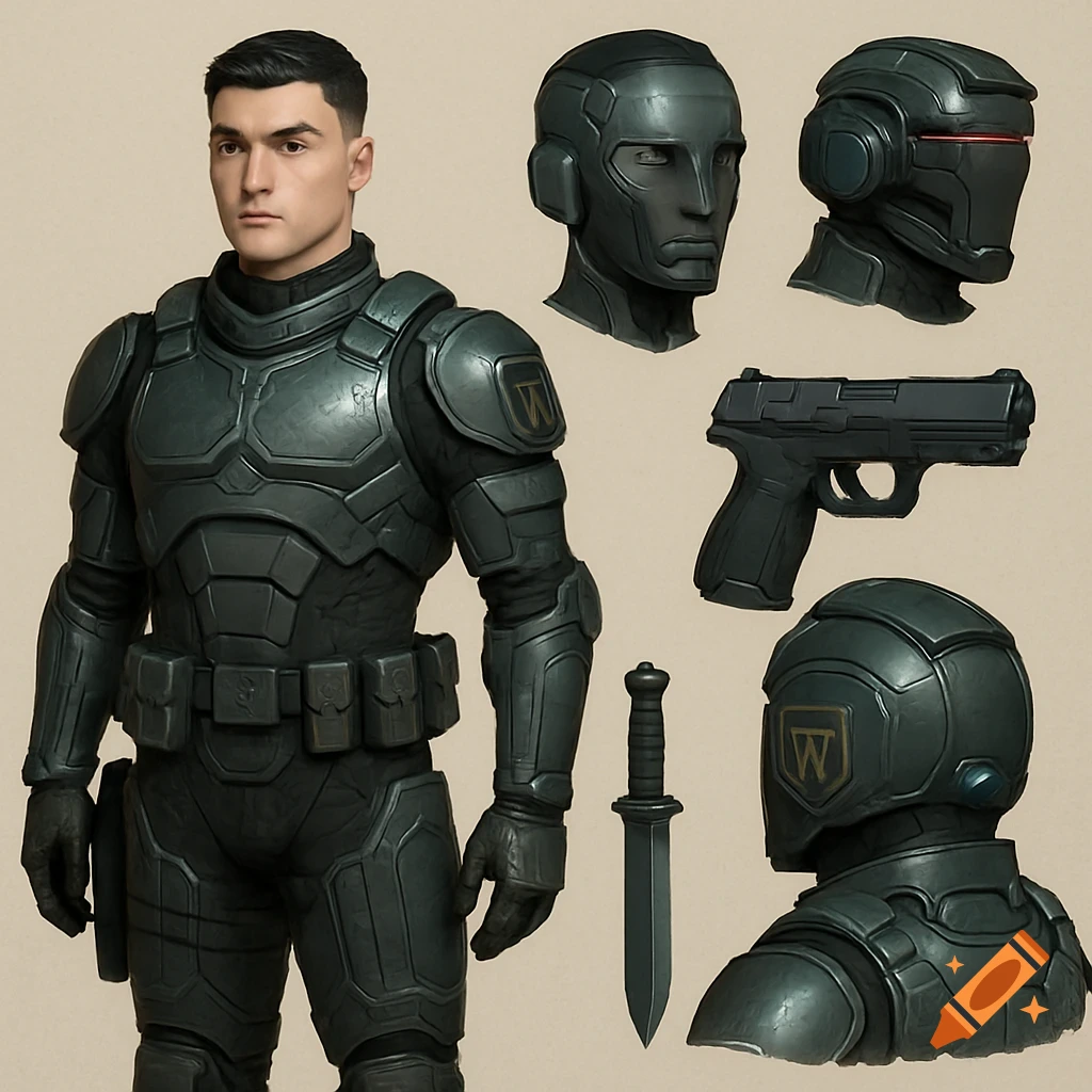 A character reference sheet for a futuristic soldier in dark gray combat armor, with separate views of helmets, a pistol, and a dagger.