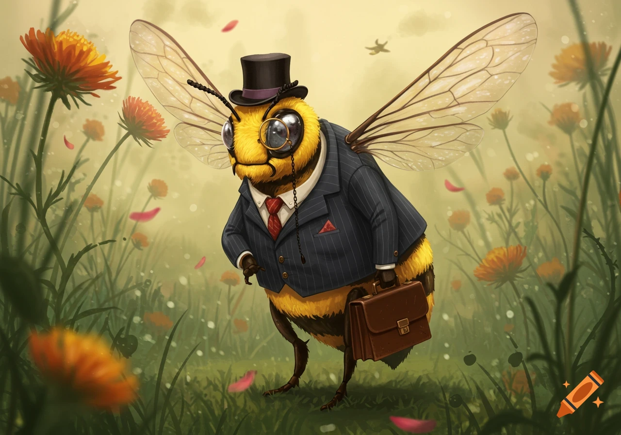 An illustrated dapper bee wearing a suit, top hat, monocle, and carrying a briefcase in a flowery field.