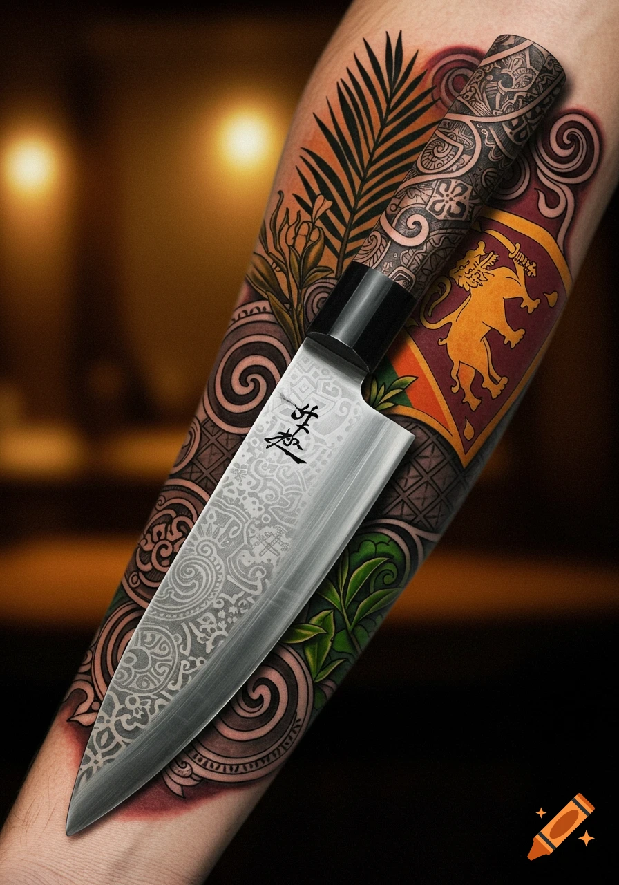 A detailed Japanese chef's knife rests on a forearm with intricate Sri Lankan lion and foliage tattoos.