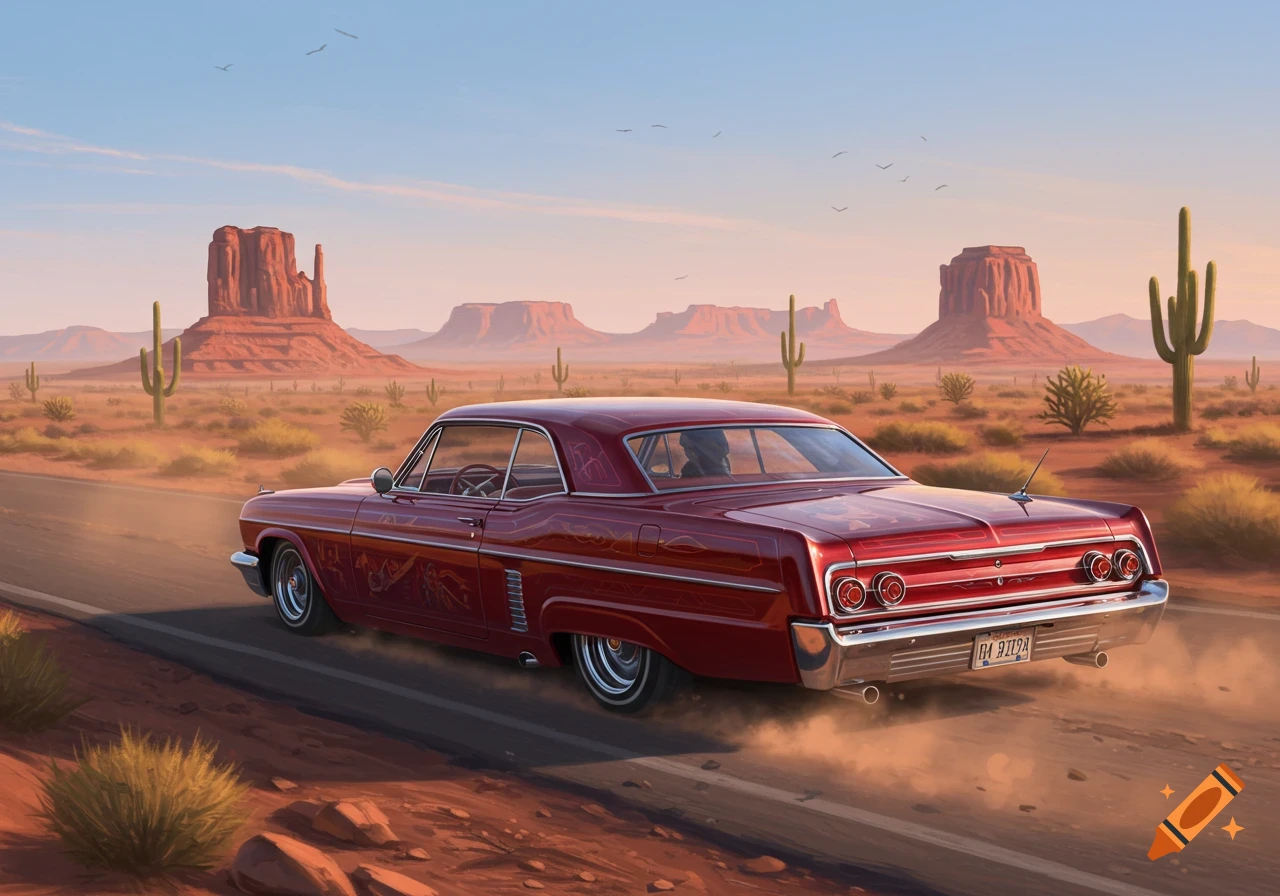 A red classic car drives on a desert road with mesas and cacti under a clear sky.