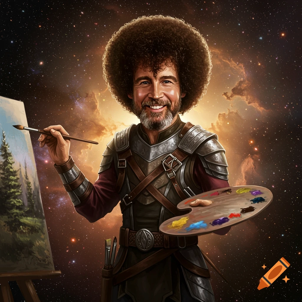 Bob Ross in armor with a beard and afro, painting a landscape on an easel against a starry galaxy background.