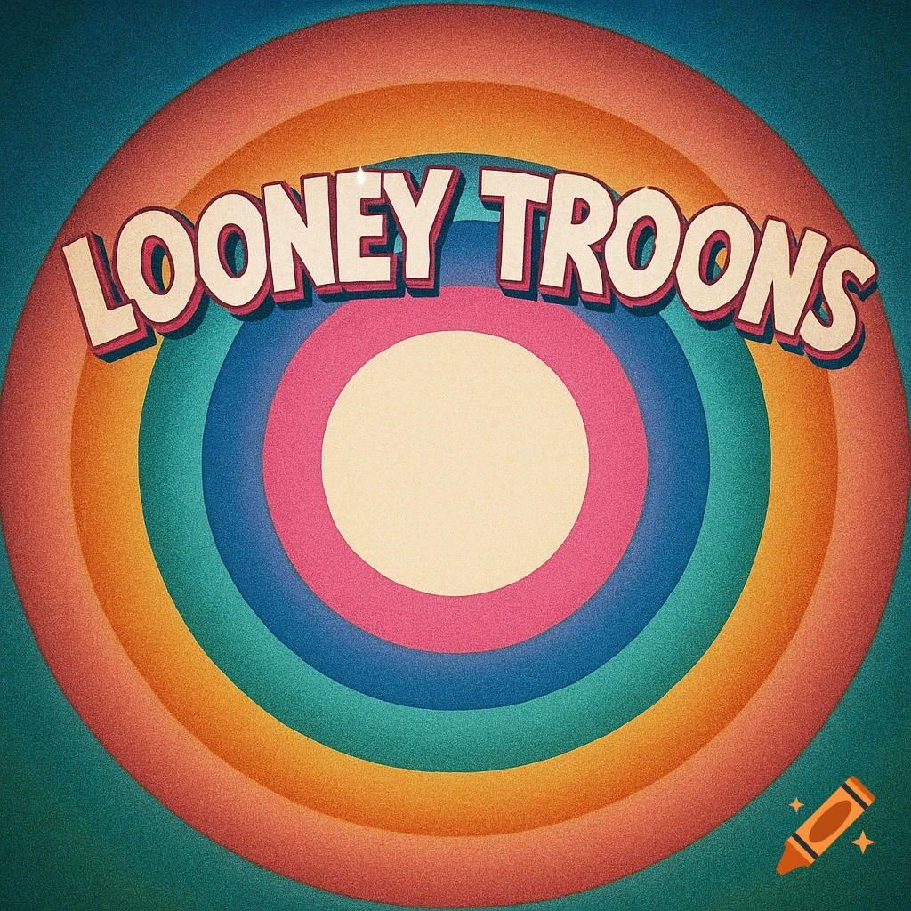 A retro-style title card with "LOONEY TROONS" in bold, 3D cartoon text over concentric circles in pink, blue, red, orange, and teal, with a vintage film grain.