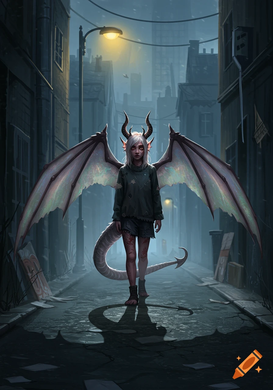 A half-dragon girl with white hair, horns, large wings, and a tail, walks barefoot down a wet, dark city alley under a streetlamp.