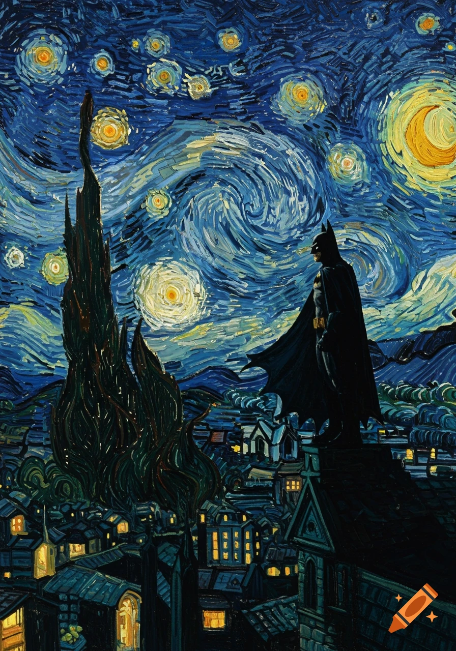 Batman stands on a rooftop overlooking a town at night, depicted in the swirling, expressive style of Van Gogh's Starry Night.