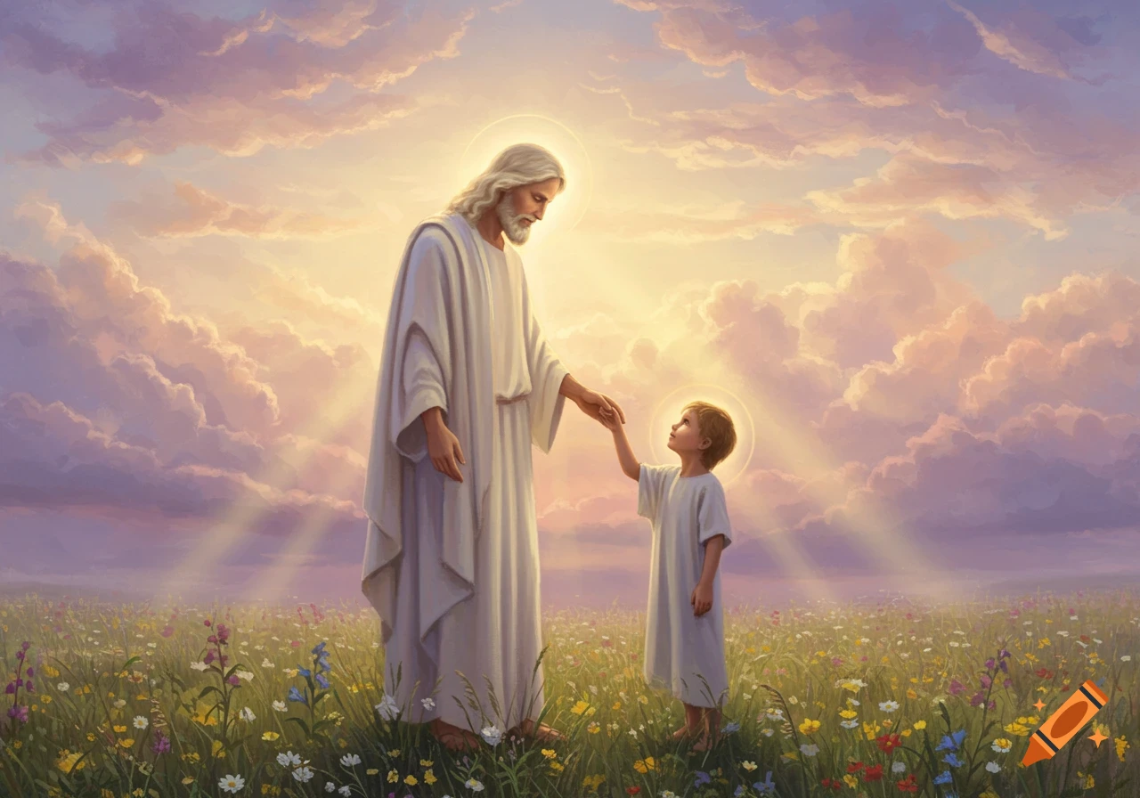 Jesus holds a child's hand in a vibrant, flowery field under a bright, cloudy sky, stylized painting.