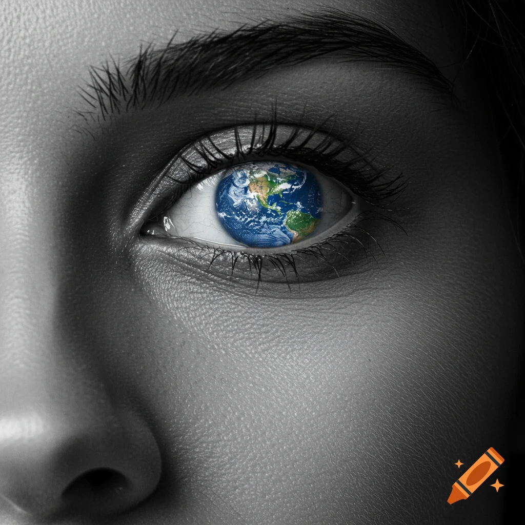 Close-up of a human eye, mostly monochrome, with the colorful Earth reflecting in its iris.