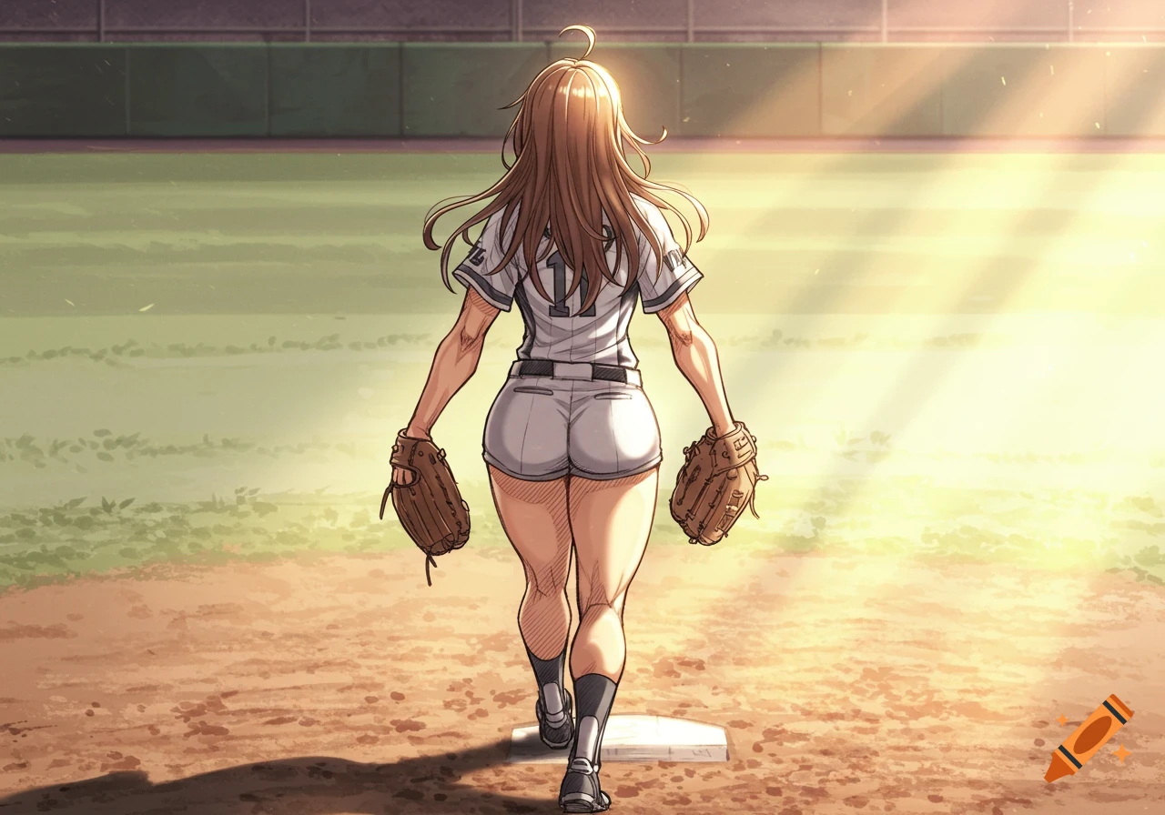 A female baseball player in a uniform with the number 1 on her back, walking on a baseball field in a 2D anime style.
