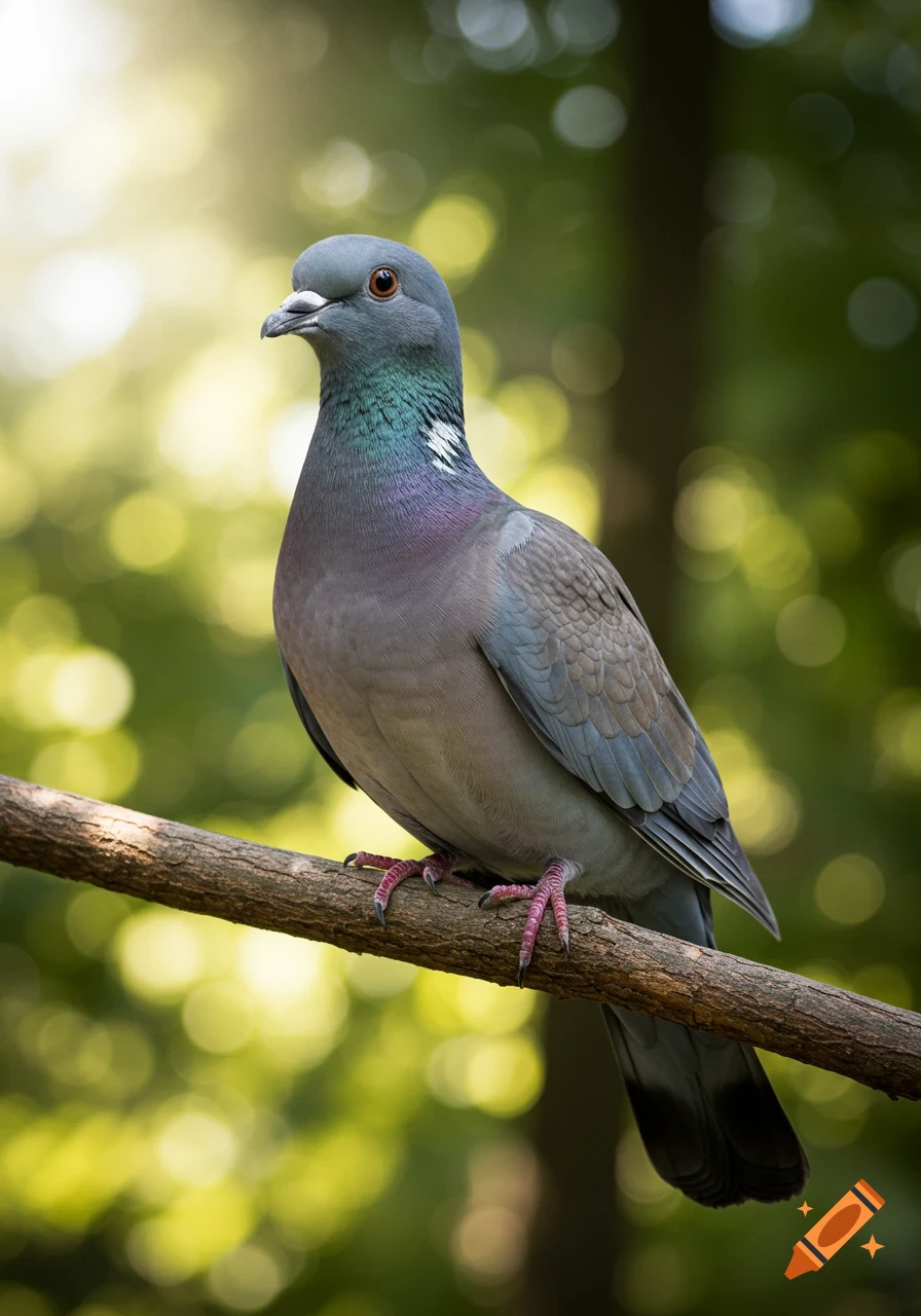 A photorealistic bird, resembling a pigeon with a colorful iridescent neck, perches on a brown branch in a sun-dappled forest.