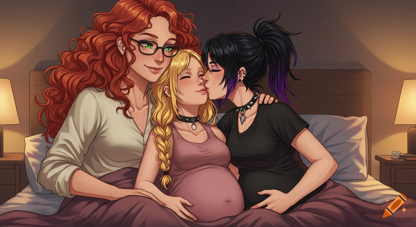 Three anime women in bed; a red-haired woman watches her two pregnant wives kiss, holding their bumps.