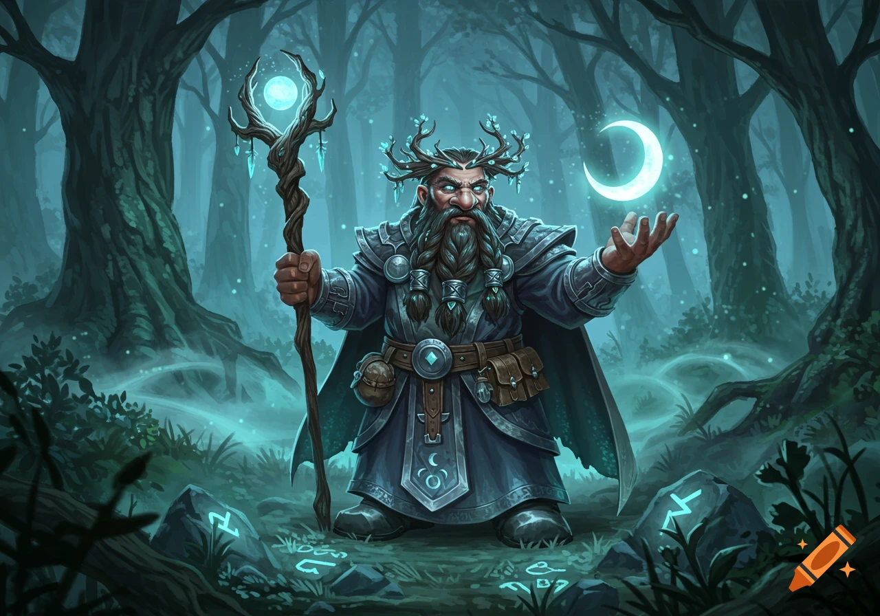 A fantasy dwarf moon druid with antlers and a long beard holds a glowing staff and conjures a crescent moon in a mystical forest.