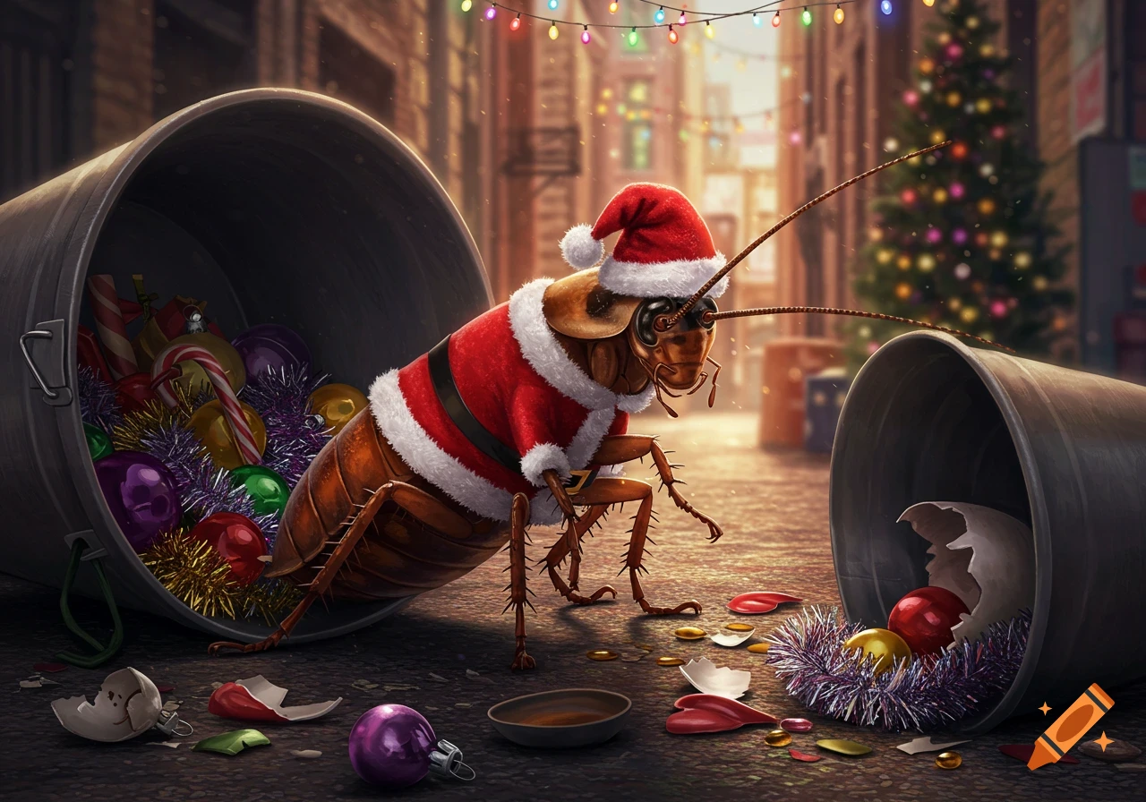 A large cockroach wearing a Santa suit stands among overturned garbage cans and scattered Christmas ornaments in a festive alley.