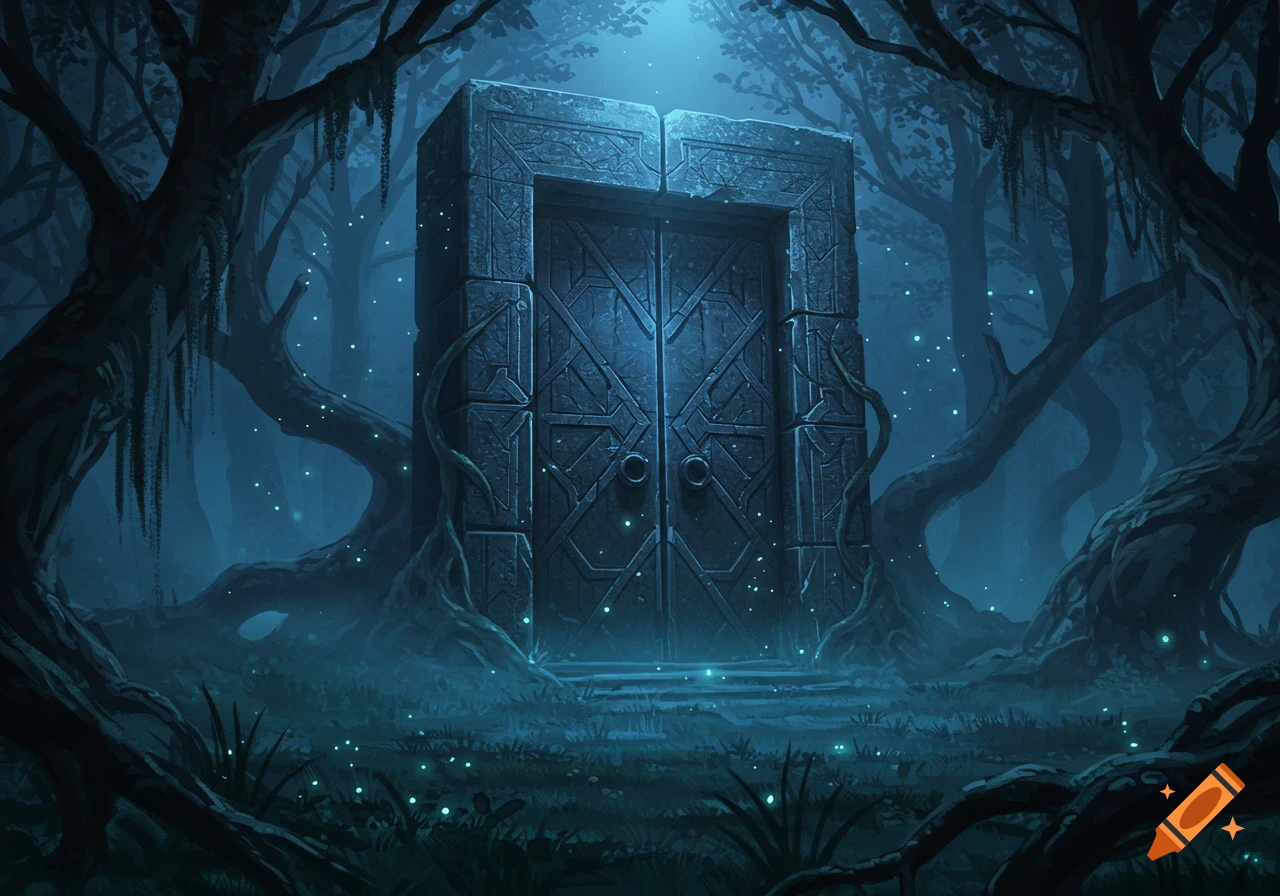 A large, ancient stone door with glowing patterns stands in a dark, misty forest filled with gnarled trees and sparkling blue lights, evoking a fantasy scene.