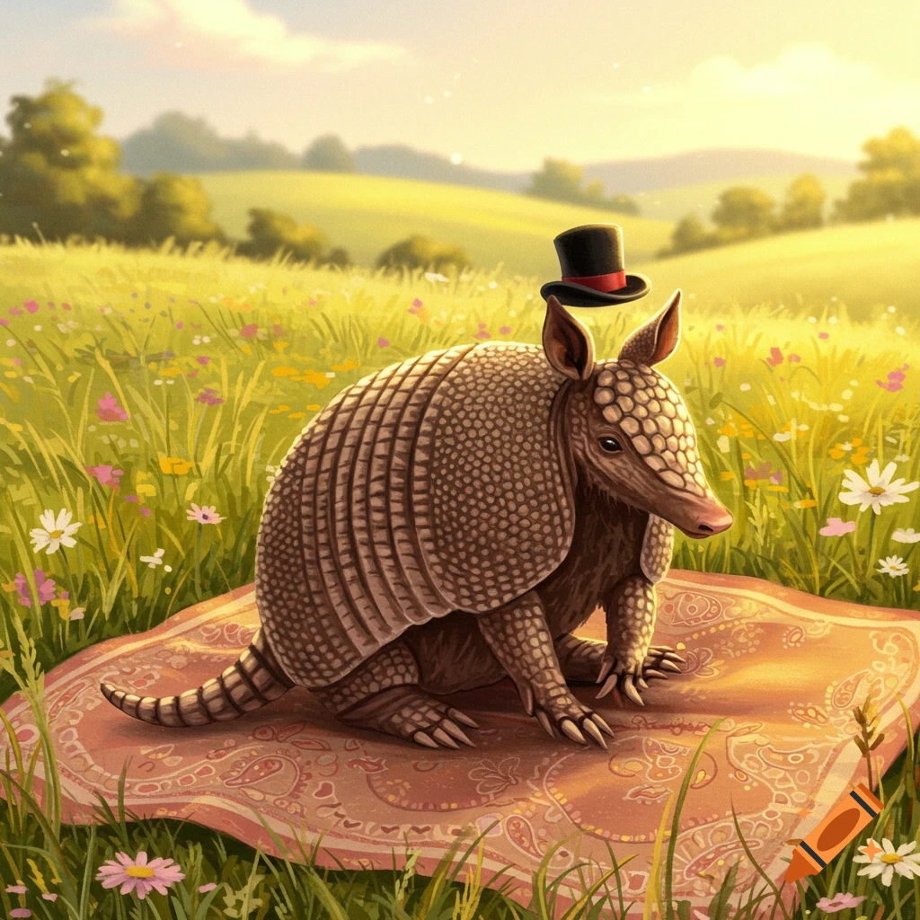 A cute armadillo with a black top hat sits on a red patterned blanket in a sunny meadow with wildflowers, digital art.
