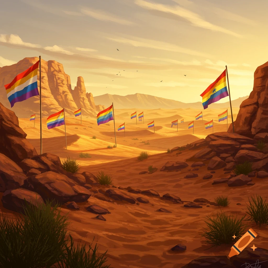 Stylized illustration of numerous Pride flags waving in a vast, golden desert landscape with rocky formations.