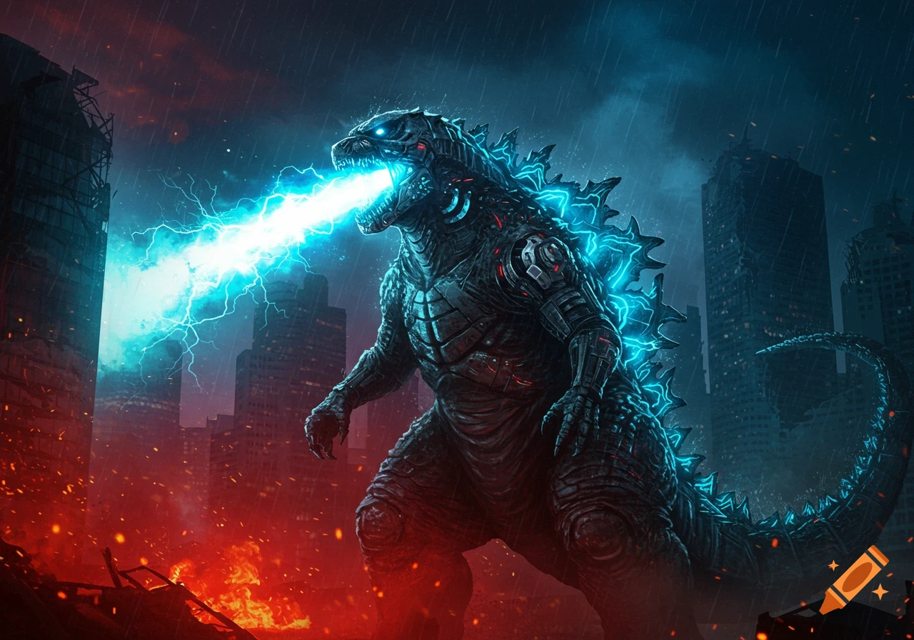 A dark, dramatic image of a mechanically enhanced Godzilla roaring and breathing blue atomic breath amidst a burning, rain-soaked city.