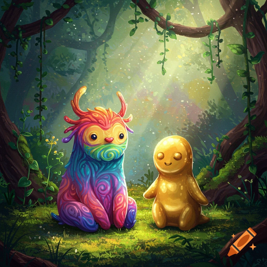 A whimsical illustration of a rainbow-striped horned creature and a golden blob-like creature sitting together on a mossy forest floor bathed in sunlight.