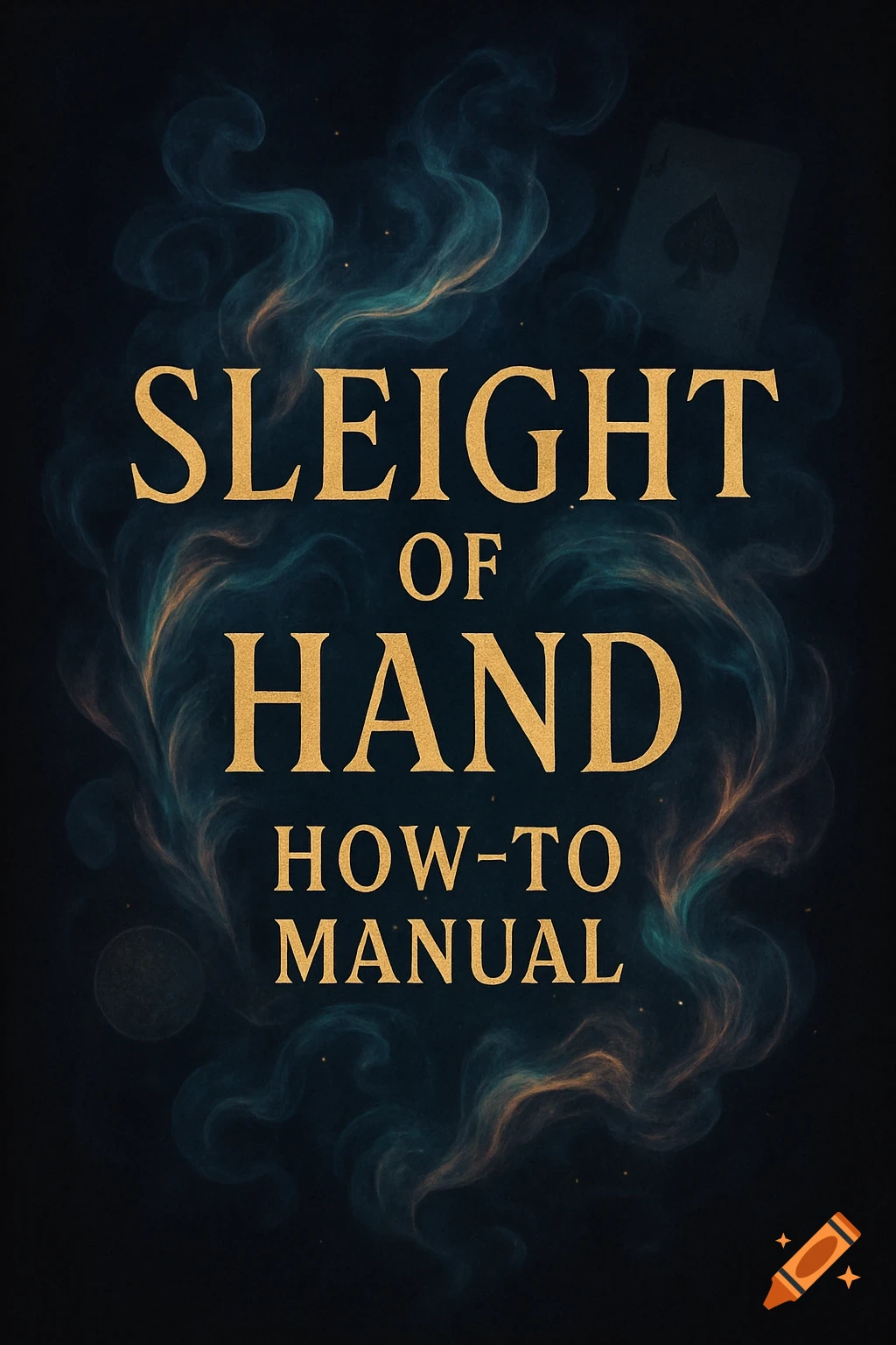 A dark poster cover with golden text reading 'Sleight of Hand How-To Manual' surrounded by swirling teal and gold smoke, with a faint playing card in the background.